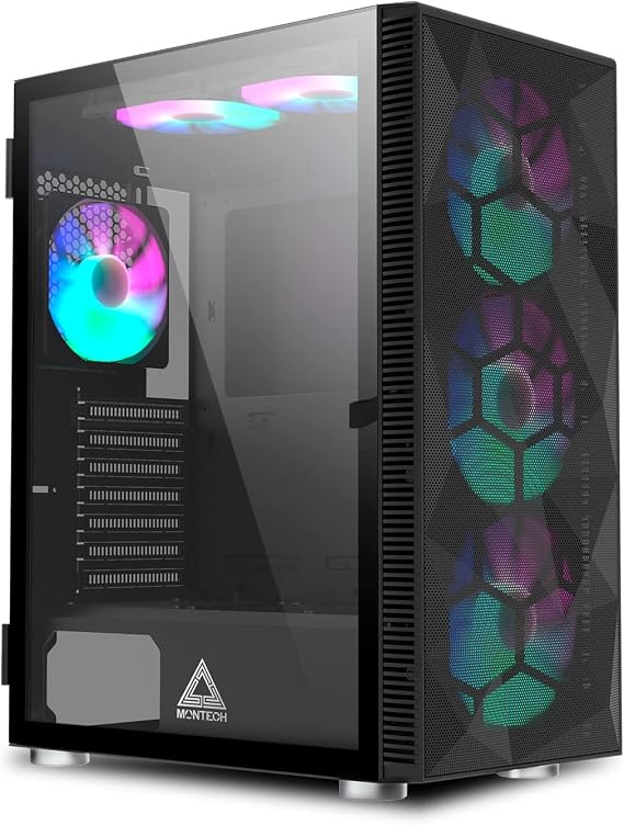 Montech X3 Mesh - 6 Fans 3 x 140 mm & 3 x 120 mm RGB Lighting Fan ATX Mid-Tower PC Gaming Case USB 3.0 Open Tempered Glass Side Panel High Airflow Black