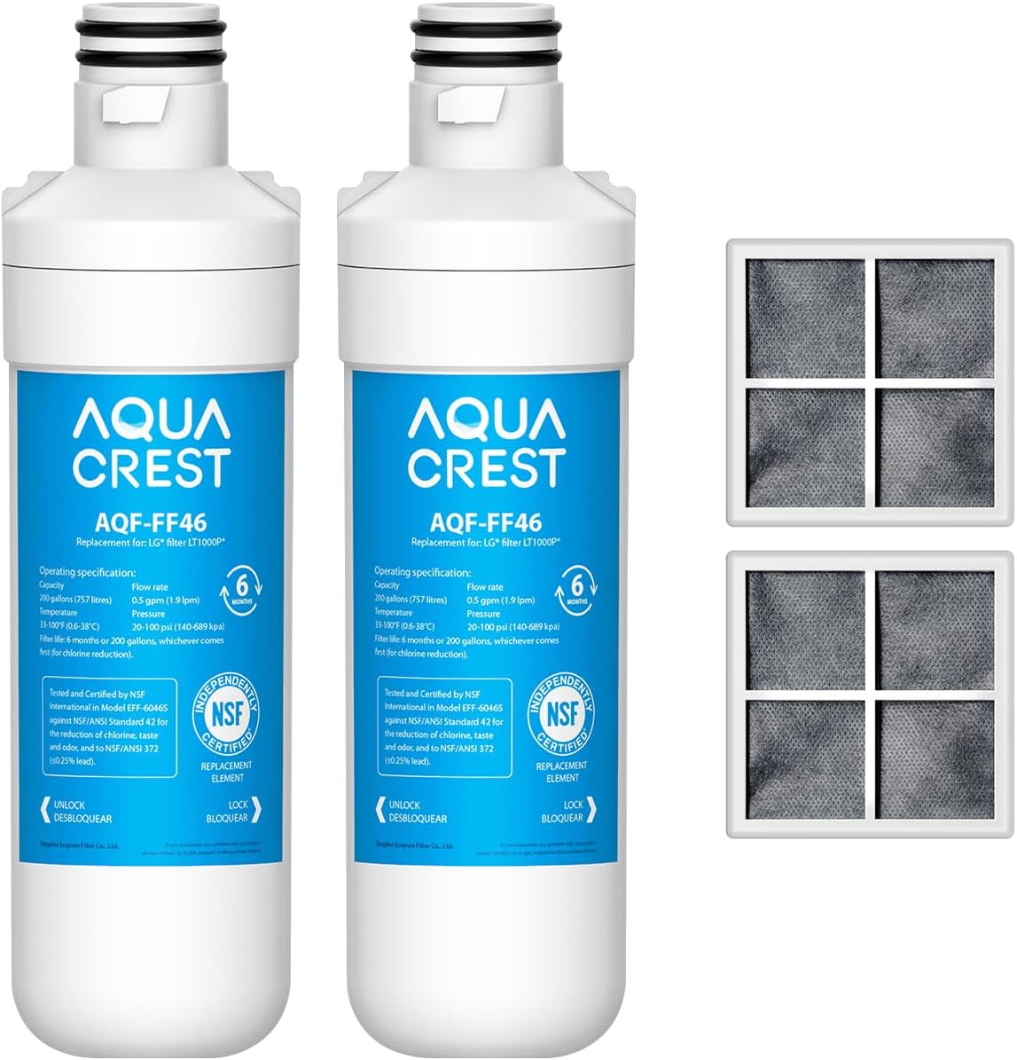 AQUA CREST LT1000PC ADQ747935 Refrigerator Water Filter and Air Filter, Replacement for LG® LT1000P®PCPCS, LMXS28626S, LFXS26973S, MDJ64844601, ADQ74793501, ADQ74793502 and LT120F®, 2 Combo
