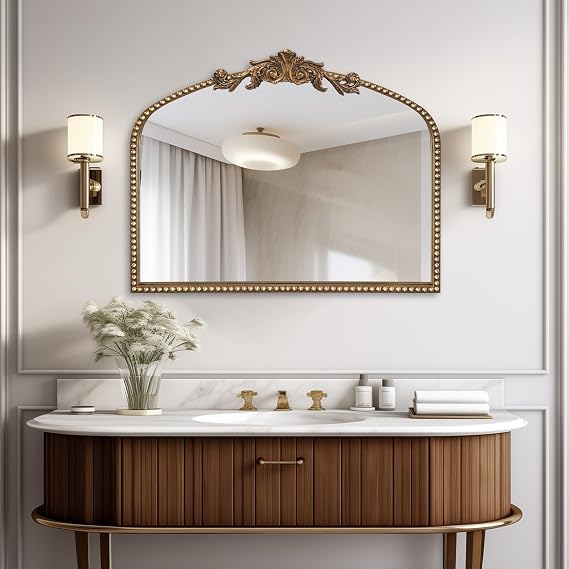 BAODANFU Baroque Arch Wall Mirror for Living Room, 36" X 30" Antique Gold Traditional Cathedral Ornate Beaded Arched Frame Decorative Vanity Mirrors for Mantel Fireplace, Bathroom, Bedroom Decor