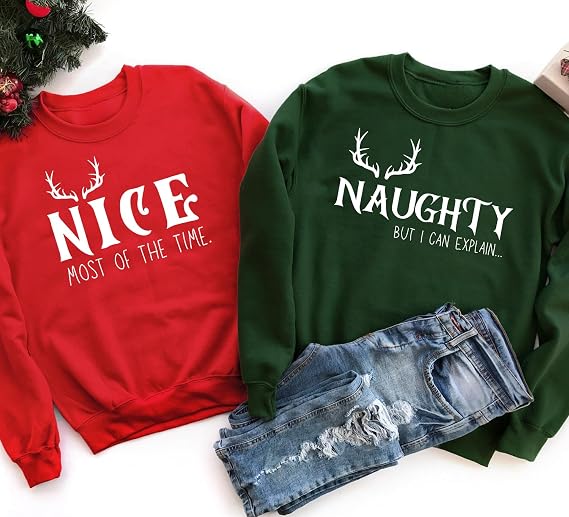 Personalized Handmade Naughty & Nice Couple Christmas Sweatshirts Funny Matching Holiday Crewnecks for Couples, Cute Xmas Sweaters Red