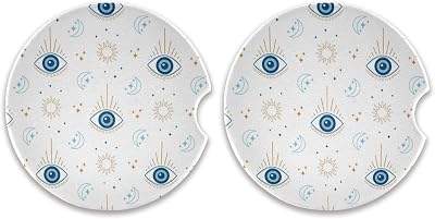 Kigai Magic Evil Eye Round Car Coasters for Drinks Set of 2, Absorbent Ceramic Stone Car Cup Holder with Cork Base & Fingertip Grip for Easy Moving Cleaning, 2.5 Inch