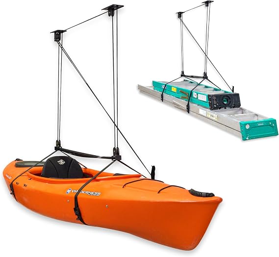 StoreYourBoard Kayak and Canoe Ceiling Hoist Overhead Garage Storage Rack for Kayaks, Canoes, and Paddle Gear Heavy Duty Pulley System Indoor Ceiling Mount