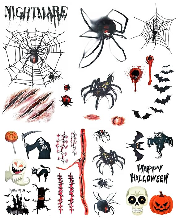24PCS Halloween Tattoos for Kids, Temporary Tattoos Activities for Children, Fake temp Tattoos Stickers Party Supplies Body Sticker Ghost Party Themed Accessory Decorations