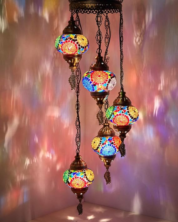 DEMMEX Turkish Moroccan Mosaic Plug-in Chandelier, 5-Globe Colorful Bohemian Swag Pendant Light with 15-ft Cord & Chain, 3.5 ft Drop for Living Room & Bedroom (Customizable)
