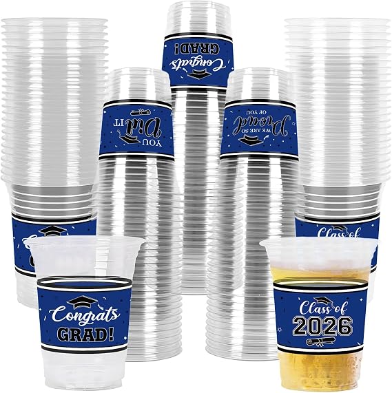 AIBIIN 100 PCS Class of 2026 Graduation Party Plastic Cups 12 oz Blue Grad Disposable Cups Decorations Congrats Grad You Did It Graduation Party Drinkware Tableware Supplies