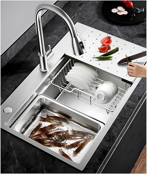 60 x 50 cm Kitchen Sink Made of 304 Stainless Steel with Cutting Board, Drip Basket, Drain Pipe, Silver Kitchen Bar Sink, Large Single Sink, Household Sink
