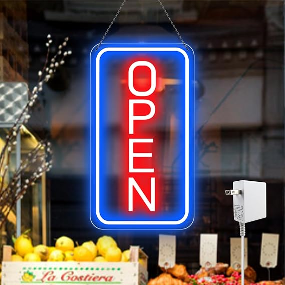 Ultra Bright LED Open Signs for Business, 16x 9 Neon Open Sign, Vertical Light up Sign with ON/OFF Switch adapter for Window Bars Cafes Hotels Florists Clubs Restaurants Barbershops Supermarkets