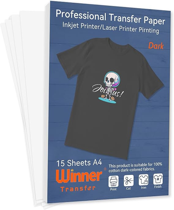 Dark Transfer Paper A4 15 Sheets for Inkjet & Laser Printer | Iron on Transfers Professional Heat Transfer Paper Dark Fabric Iron on Cotton T-Shirt Printing(WT-H-D-15)