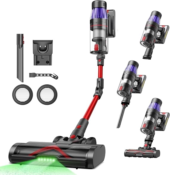 Ultenic Cordless Vacuum Cleaner, 600W 55Kpa 60Mins Runtime, Stick Vacuum Cordless with 180Bendable Wand, Anti-Tangle Brush, Vacuum Cleaners for Home/Pet Hair/Carpet/Floor (Red)