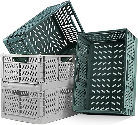 4 Pieces Folding Crate Plastic Sturdy Folding Boxes Foldable Storage Basket Stackable Folding Box Set for Storage Kitchen Bedroom Study Office Garden (Dark Green + Grey 30 x 20 x 12 cm)