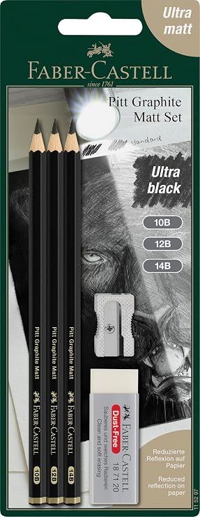 Faber-Castell Pitt Graphite Matt Pencils Set, Includes 3 Pencil 10B, 12B, 14B, Rubber Eraser, Sharpener, Ideal for Artists, Blending, Shading, Drawing, Sketching, Charcoal