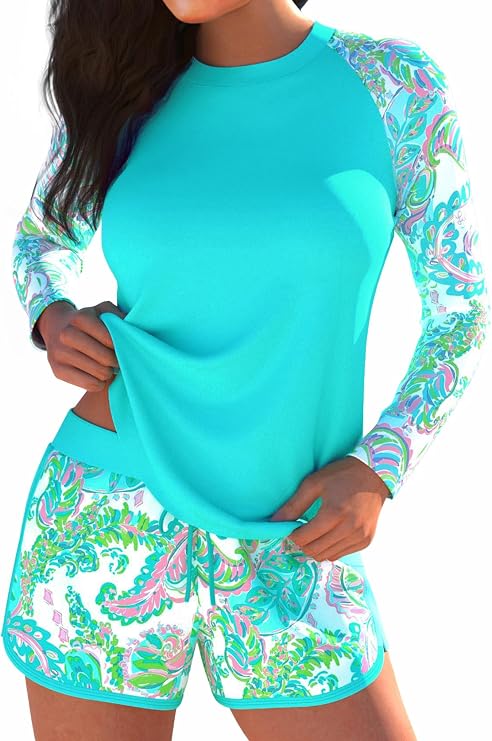 Modlily Two Piece Long Sleeves Rash Guard, Paisley Print Sun Protection Swimsuits with Board Shorts