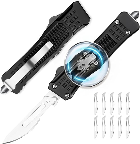 Automatic Utility Knife Retractable EDC Knife Double Action Push Button Box Cutter Black with 10PCS #23 Scalpel Blade for Men Women