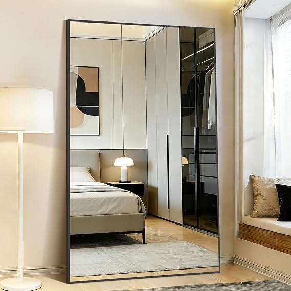 72"x44" Black Full Length Mirror, Large Floor Mirror with Stand | Oversized Full Body Mirror, Standing or Wall Mounted with Hanging Kit, Shatterproof Tempered Glass, for Living Room, Bedroom