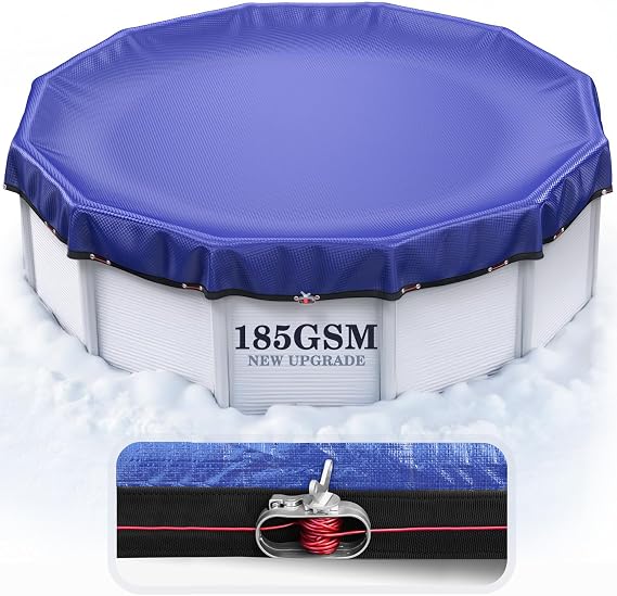 [2026 Upgrade 185GSM] UIRWAY 12FT Pool Cover Heavy-Duty PE Above Ground Round Pool Cover, Metal Buckle, Cold & UV Resistant, Tearproof