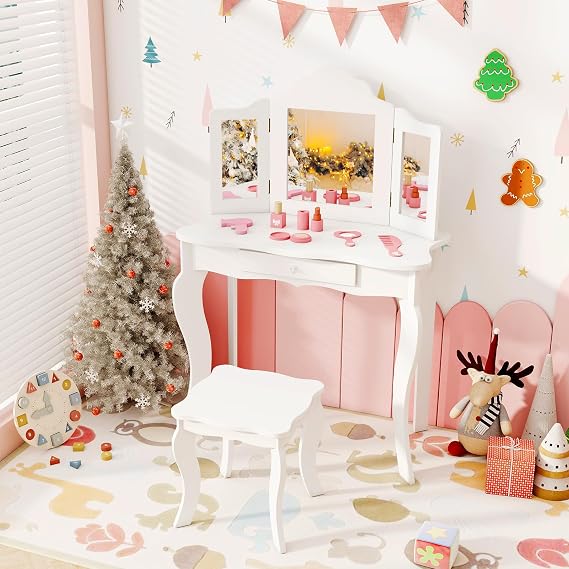 AKUSTIK Kids Vanity, 2 in 1 Wooden Dressing Table and Chair Set with Tri-Folding Mirror, Stool, Storage Drawer, Toddlers Pretend Princess Beauty Playset Toy for Girls