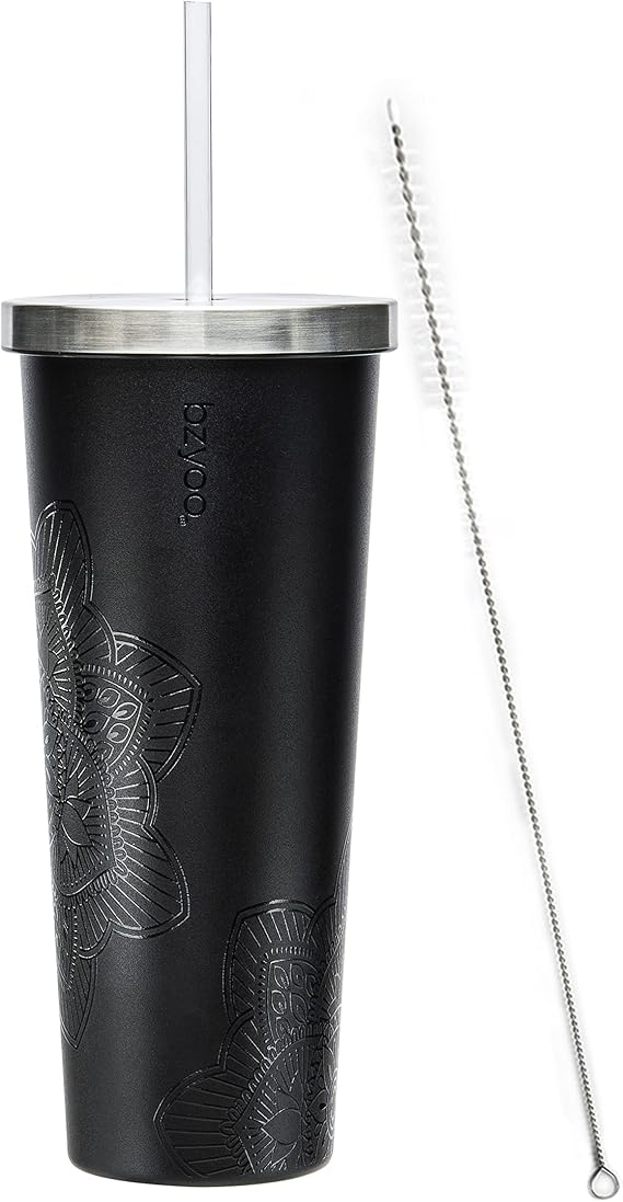bzyoo SUP Double Wall Vacuum Insulated Tumbler with Straw and Lid Stainless Steel Water Bottle Cold Drink Travel Mug Cup Valentines Gifts For Him & Her (710ml) Color: Mandala Black