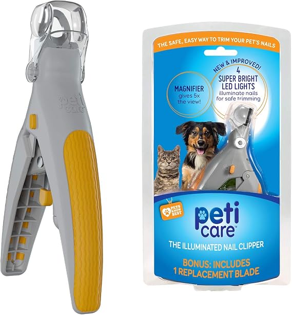 PetiCare Illuminated Dog & Cat Nail Clipper With LED Light & 5X Magnification for Safe, Precise Trimming | Pet Nail Cutter for Small & Large Breeds | Easy-to-Use Grooming Tool for Pets