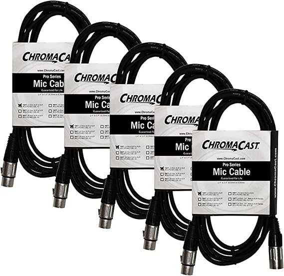 ChromaCast 5 Pack XLR Microphone Cable for Speaker or PA System, All Copper Conductors, 6MM PVC Jacket, 10 Foot, Black