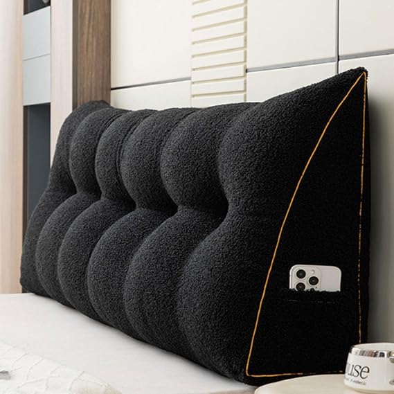 Large Headboard Wedge Pillows Teddy Velvet, Double Single Queen King Size Bed Reading Cushion Bed-Backrest Positioning Support, Triangular Headboard Pillow With Removable Cover(120x50x20cm,Black)
