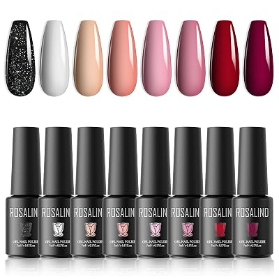 Rosalind 8PC Nude Pink Gel Nail Polish Set, White Red Nail Colors, Black Glitter, Long Lasting Gel Collection