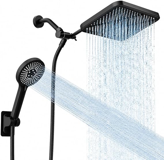 RFOUO 11 Inch Wide Rain Shower Head with Handheld, Matte Black | High Pressure Rainfall, Dual Shower Head Combo with Adjustable Arm, 3-Mode Detachable Handheld Spray,with 59 Inch Hose