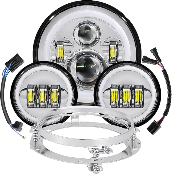 7 Inch Motorcycle LED Headlight 4.5" Fog Passing Light Assembly for Harley Touring Softail Deluxe Road King Street Glide Road Glide Ultra Limited Tri Tour Models DRL Halo Ring Angel Eye Chrome