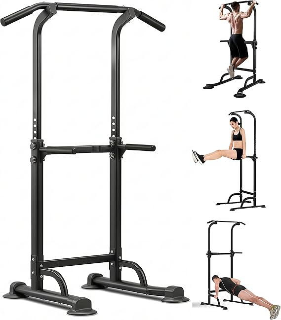 Power Tower Pull Up Bar Dip Station, Free Standing Pull Up Rack Dip Station for Home Gym, Height Adjustable Height Heavy Duty Multi-Function Home Strength Training Fitness Workout Equipment(Black)