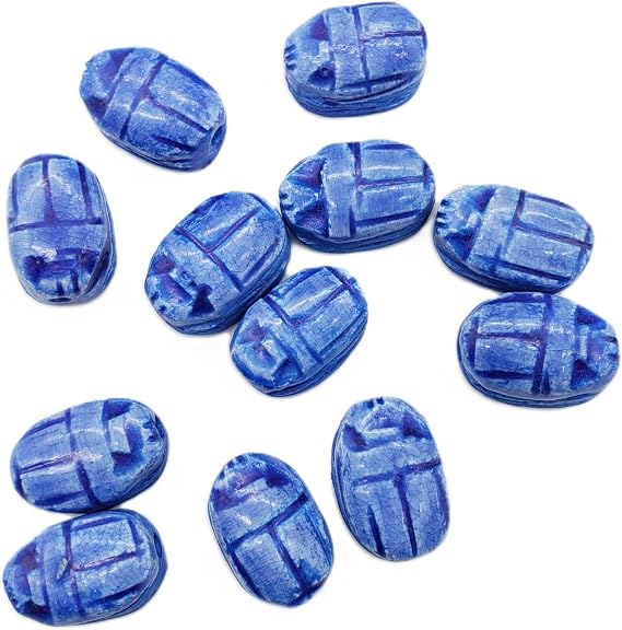 Egyptian Scarab Beads Set of 12 Small - Vertical Drilled - Dark Blue Hand-Carved Soapstone - Ancient Egypt Hieroglyphs - Made in Egypt