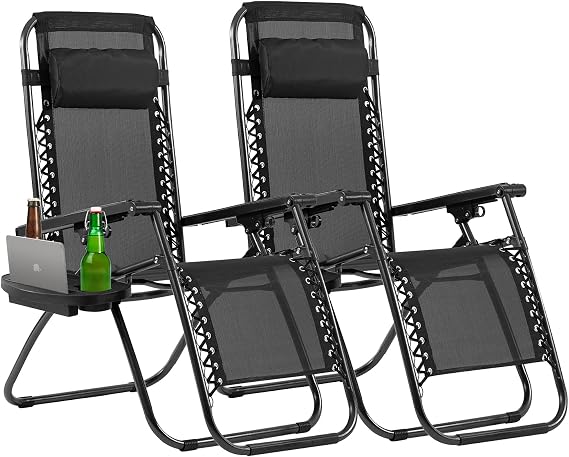 Set of 2 Adjustable Zero Gravity Chair Folding Reclining Lounge Chairs with Pillows and Cup Holder Trays for Poolside Backyard Beach,Black