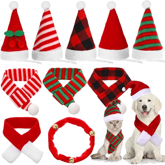 Oudain 10 Pieces Christmas Cat Dog Santa Hats with Scarf and Collar Set, Christmas Cat Costumes Pet Santa Hat Scarf Set Puppy Dog Xmas Hat Outfit for Cats Small Dogs Puppy Accessories