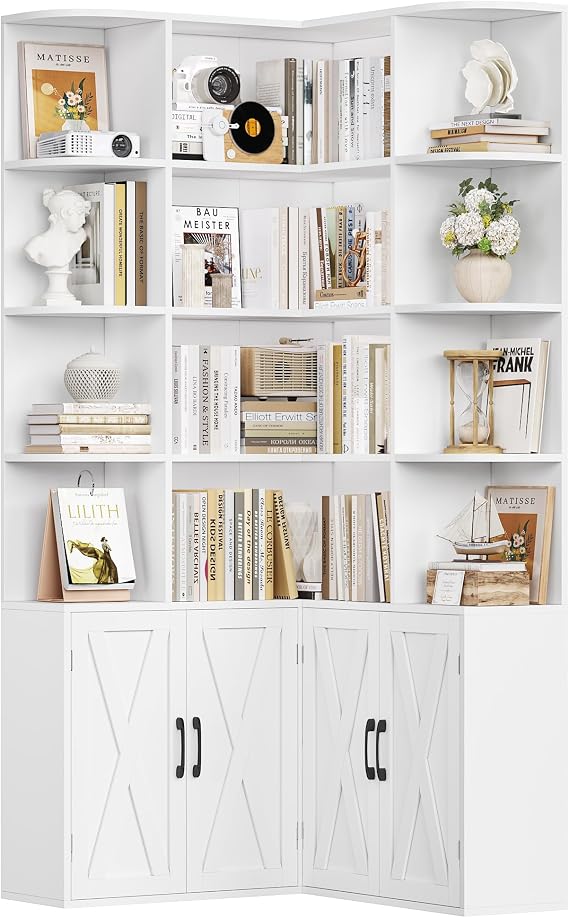 FirFurd Corner Bookcase L Shaped Bookshelf with Doors Display Cabinet White | 6-Tier Corner Bookcase Free Standing with 12 Open Compartments, Tall Book Shelf for Living Room Home Office, 187x80x80cm