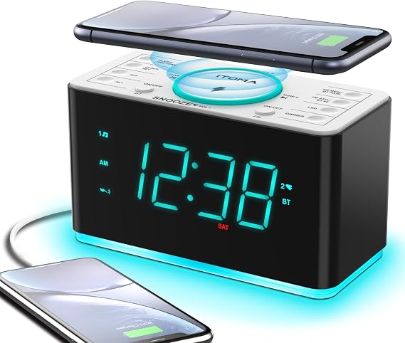 iTOMA Alarm Clock Radio, 15W Ultra Fast Wireless Phone Charger with Bluetooth, Two Charging Ports, Dual Alarm, Sleep Timer, Snooze, Dimmer, FM Radio,Cyan LED Night Light &1.4" Display CKS207