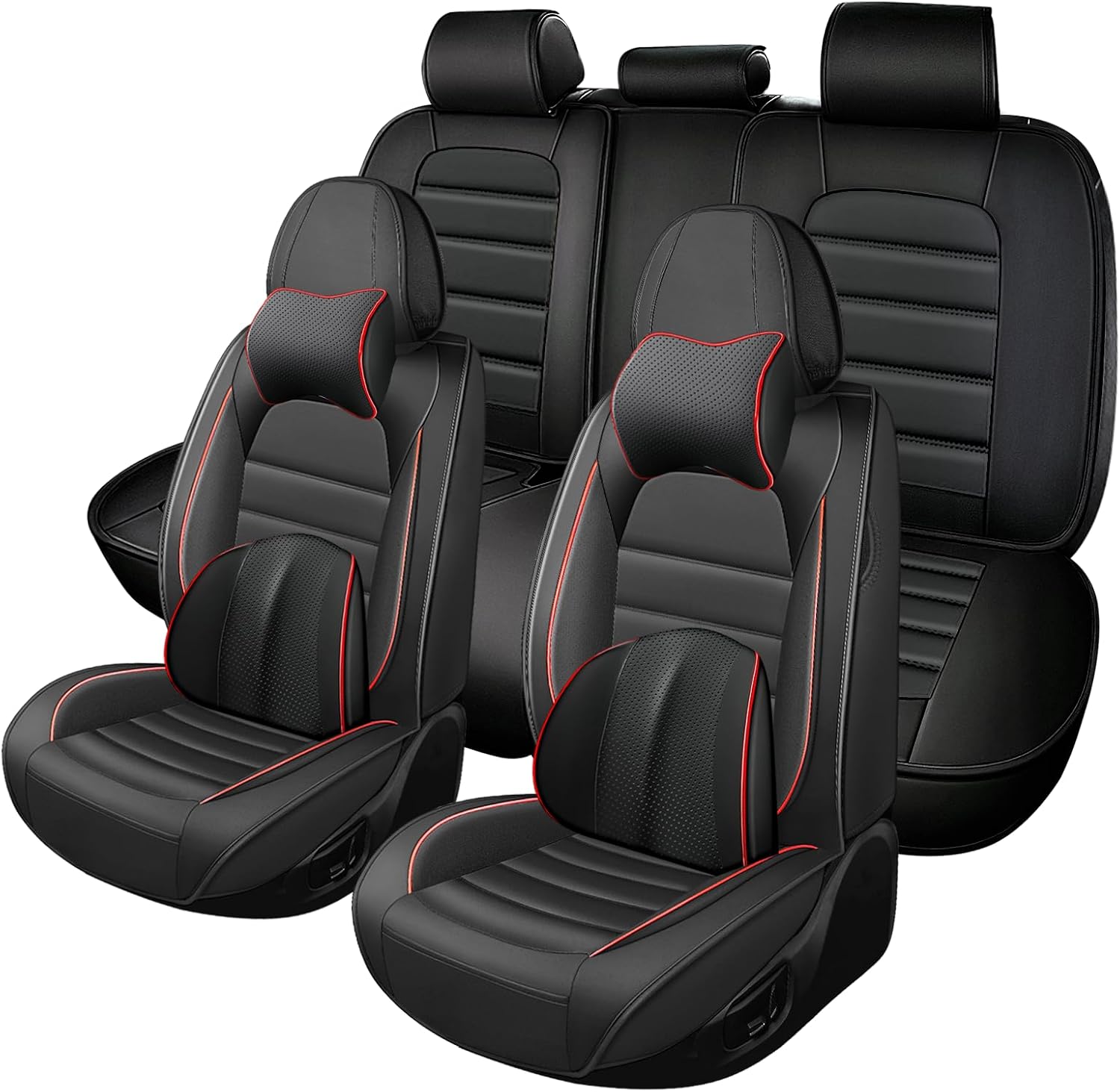 Seat Covers Full Set,Car Seat Covers for Dodge Ram 2009-2024,Leather Waterproof Protectors（Black Red,Full Set with Pillow