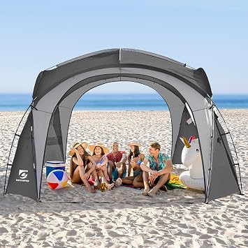 UNICAMPER Beach Tent 12 X 12ft Large UPF50+ Pop Up Canopy with 2-Pcs Side Wall, Sun Shelter Rainproof, Waterproof for Camping Trips, Backyard Fun, Fishing, Parties, Or PicnicsGrey