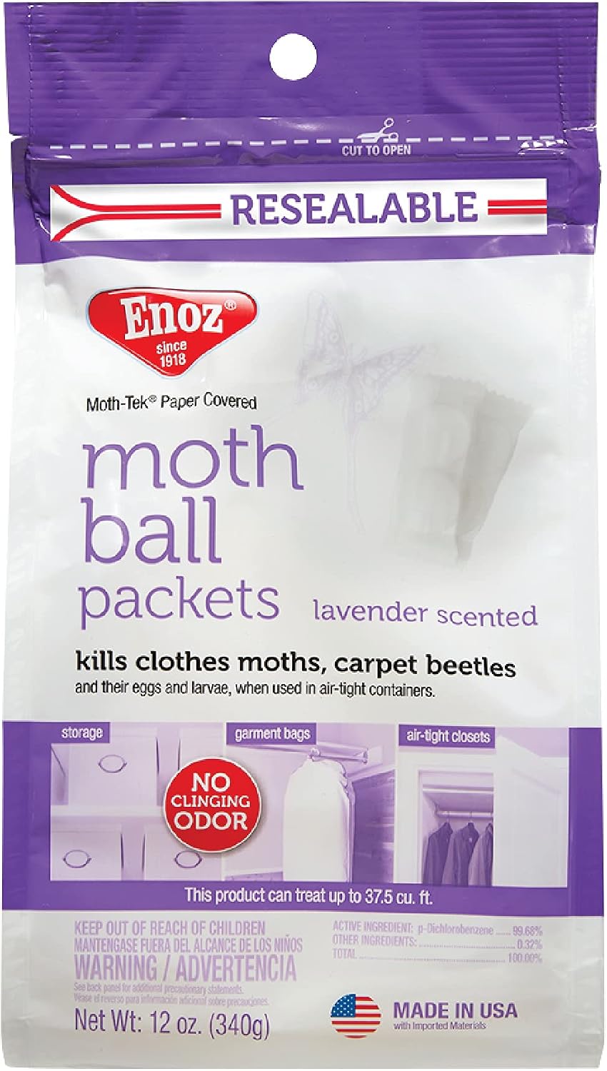 Enoz Lavender Scented Moth Ball Packets, Kills Clothes Moths, Carpet Beetles, Eggs and Larvae, 12 oz Resealable Bag Pack of 3