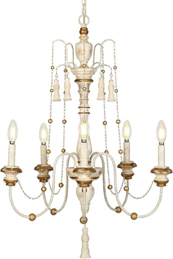 LALUZ Farmhouse Chandelier, 5-Light Distressed Wood Chandeliers for Dining Room, French Country Lighting Lights Fixtures with Bead Strings, 21.5" L x 30" H
