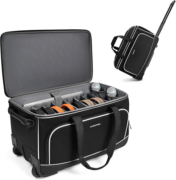 AUROTIER Large Rolling DJ Cable Bag with Wheels, Reinforced Padded Gig Bag with 8 Detachable Divider, Multi-Pocket for 17" Laptop, Microphone, Cord, Headset & Music Accessories