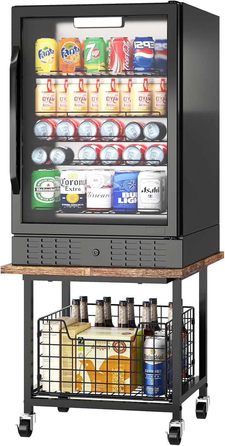 Mini Fridge Stand with Storage, Small Refrigerator Stand with Wheels, Mini Fridge Cabinet-Max Load 300 LBS Heavy Microwave Printer Stand Mini Fridge Cart for Dorm, Apartment, Kitchen, Office Brown