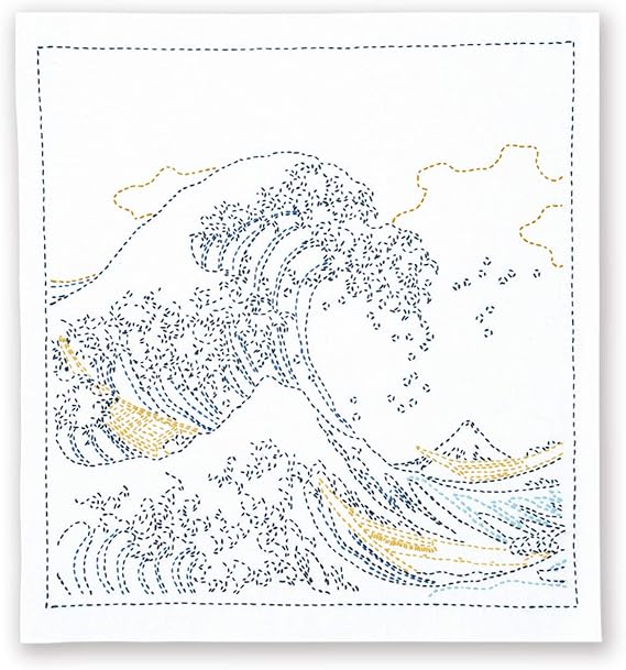 Olympus Sashiko Kit - Ukiyoe The Great Wave Kanagawa Pattern, Needle, Thread, English Instructions