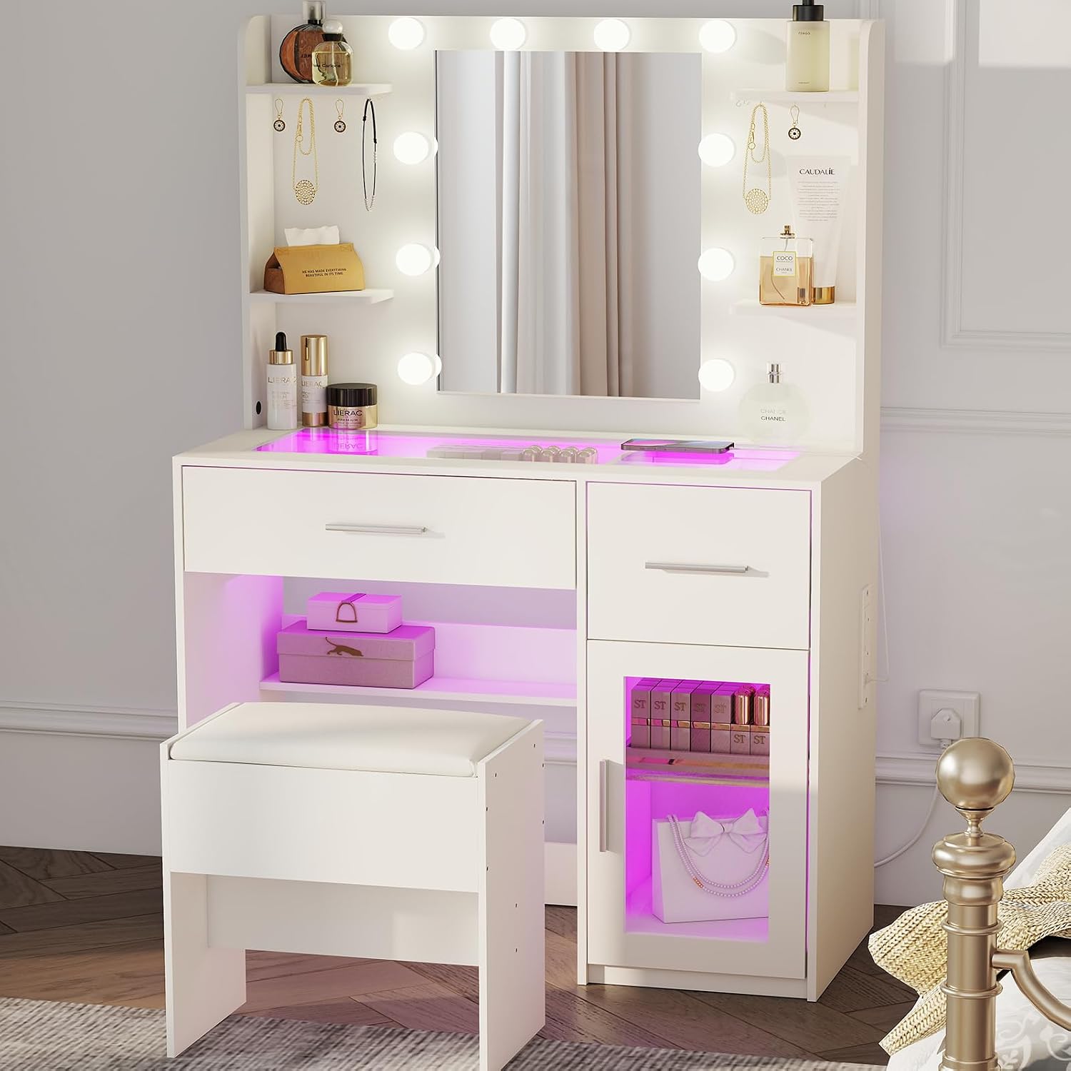 YOSHOOT Dressing Table with Bulb Lighting Mirror, Dressing Table with Mirror and Stool, Makeup Desk with 2 Drawers, Side Cabinet for Cloakroom and Bedroom,90 * 40 * 140cm（White）