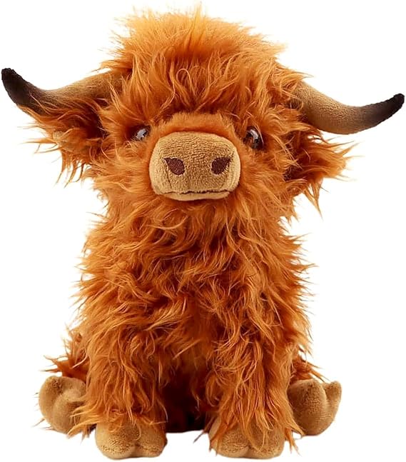 Highland Cow Stuffed Animal Plush Toy, Soft Fluffy Furry Cattle Doll for Kids, Cute Brown Farm Animal Pillow Gift, 10.5 Inches