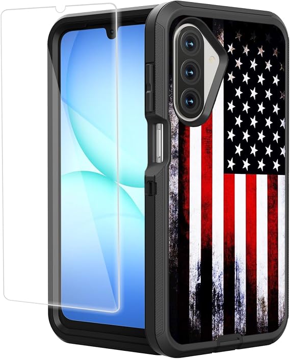 for Samsung Galaxy A17 A26 5G Case with Screen Protector Vintage American Flag [Military Grade Protection] Heavy Duty Black Shockproof 3-Layer Protective Case, Retro USA Flag