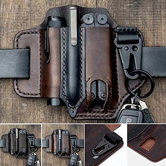 KANGDE Genuine Leather EDC Belt Loop Waist Multitool Sheath, EDC Pocket Organiser Pouch, Handmade 3 Pockets Organizer Sheath for FlashlightsTactical pensTools..., Dark Brown