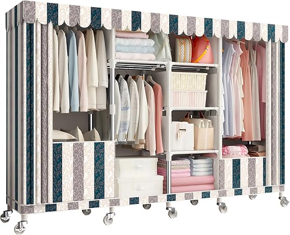Portable Closet Organizers with Wheels Wardrobe with Shelves and Hanging Rod Non-Woven Fabric Cover Clothing Rack Rolling Closet Rack for Cloakroom Bedroom(Streak,200X45X170CM)