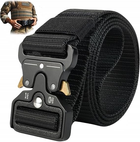 Men's Tactical Belt, Work Belts for Men Military Webbing Riggers Web Belt Heavy-Duty Quick-Release Buckle for Military Work Outdoor Sports and Daily Casual Using (1, Black)