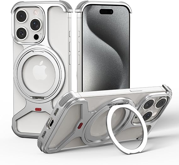 Case for iPhone 15 Pro Max Aluminum Metal Cover with Magnetic Ring 360 Rotating Kickstand - Slim Frameless Design, 4 Corner Drop Protection, Compatible with MagSafe & Adjustable Phone Stand (Silver)