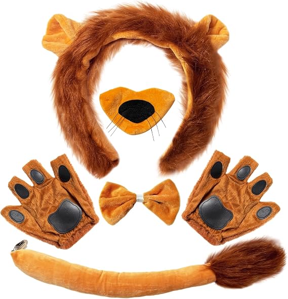 Xuyyicao 5 Pcs Lion Costume Set,Brown Lion Headband Nose Tail Bow Tie Paw Gloves,Halloween Lion Cosplay Set,Animal Costumes for Kids,Adults,Party,Dress Up