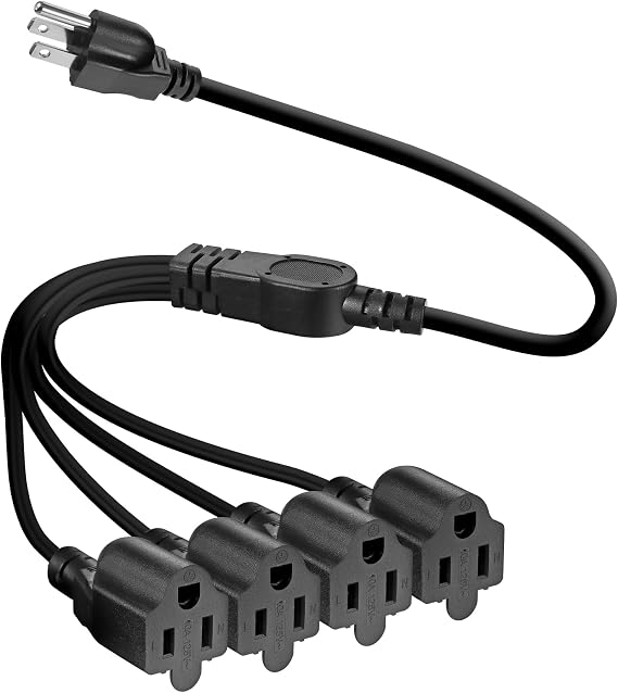 VSEER 4 Outlet Power Cord, NEMA 5-15P to 5-15R 3 Prong 1 to 4 Y Splitter US AC Male and Female Power Cable SJT 16AWG Outlet Saver, 4 Way Extension Cord Splitter Black, 20 Inch (1 Pack)