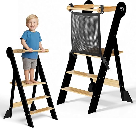COSYLAND Pre-Assembled Foldable Toddler Kitchen Stool Helper Toddler Standing Tower with Safety Net, Adjustable Heights & Anti-Tip Feet for Safe Kitchen Fun(Natural & Black)